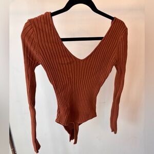 AKIRA Ribbed V-Neck Long Sleeve Bodysuit - Rust